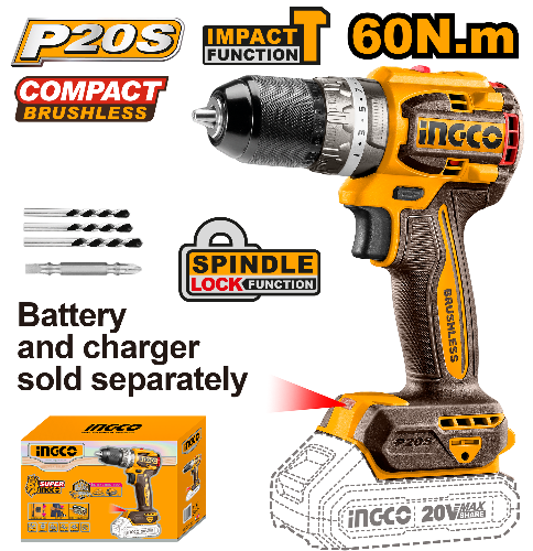 INGCO CIDLI206021 20V PS+ C/L DRILL B/LESS 60NM